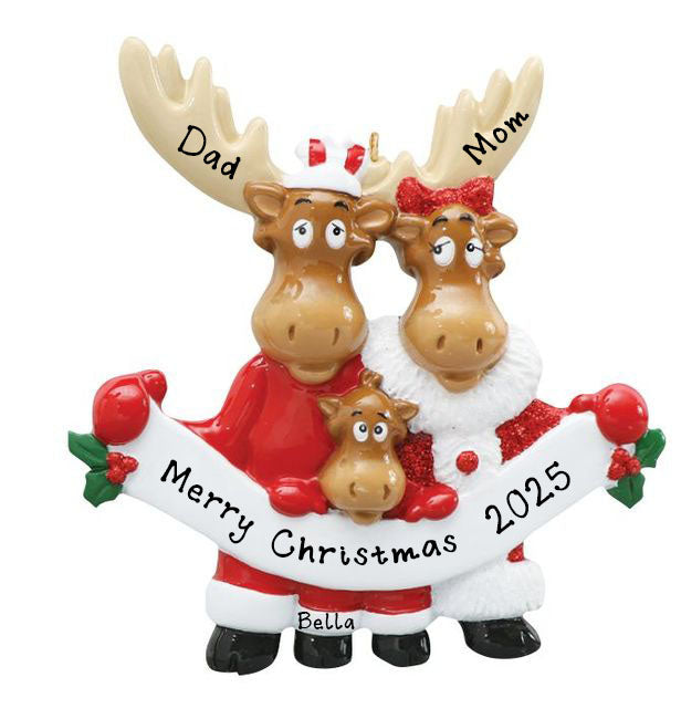 Moose Family in Santa Clothes Personalized Ornament (Family of 3)