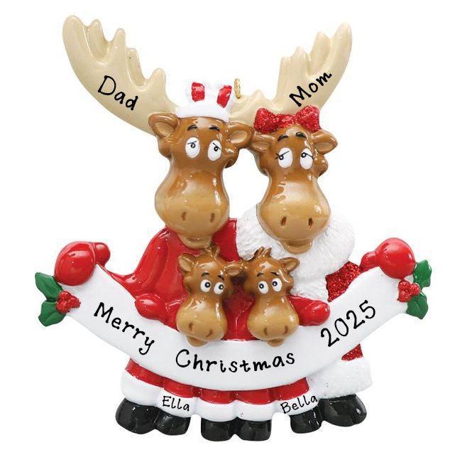 Moose Family in Santa Clothes Personalized Ornament (Family of 4)