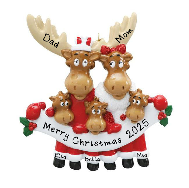 Moose Family in Santa Clothes Personalized Ornament (Family of 5)