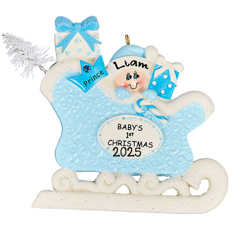 Baby in Sleigh Personalized Ornament (Baby's 1st Sleigh Blue)