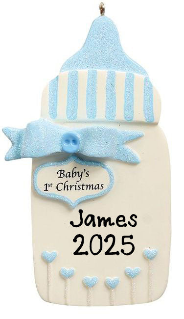 Personalized Baby Bottle Ornament (Blue)