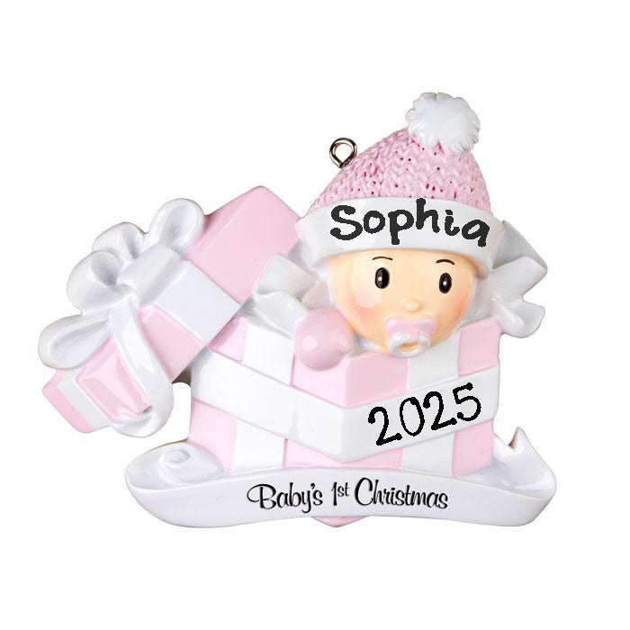 Baby Girl First Christmas Personalized Ornament (Pink)