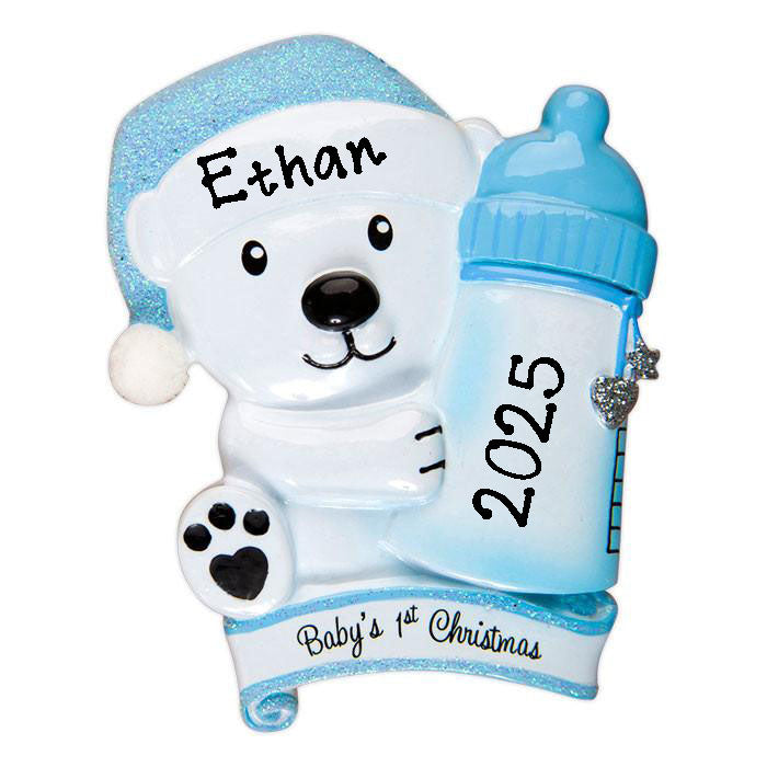 Baby Boy Blue Polar Bear Baby`s First Christmas Personalized Ornament