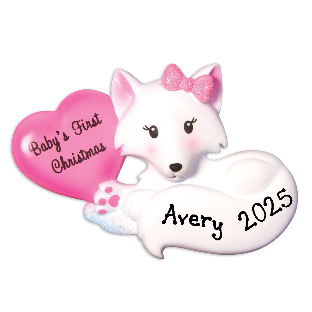 Baby`s First Christmas Fox Zoo Personalized Ornament (Pink)