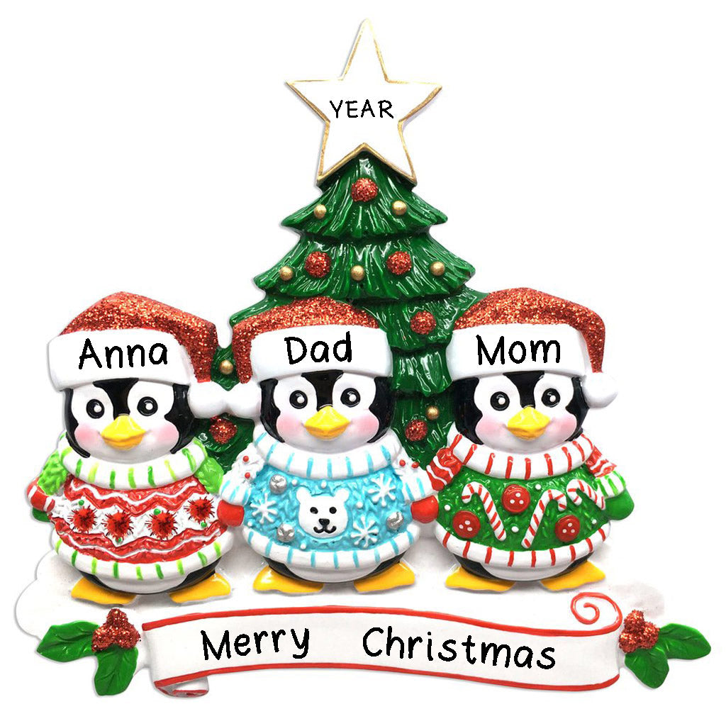 Ugly Christmas Sweater Penguin Family Personalized Ornament (Family of 3)