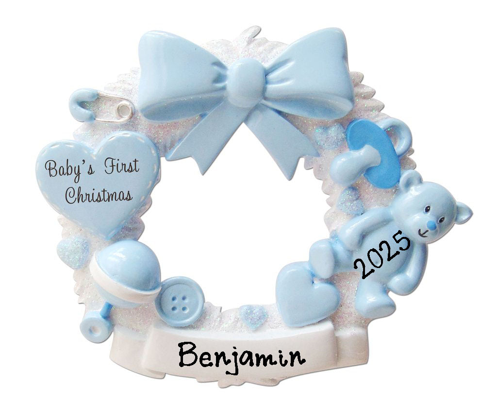 Personalized Wreath Baby`s First Christmas (Blue)
