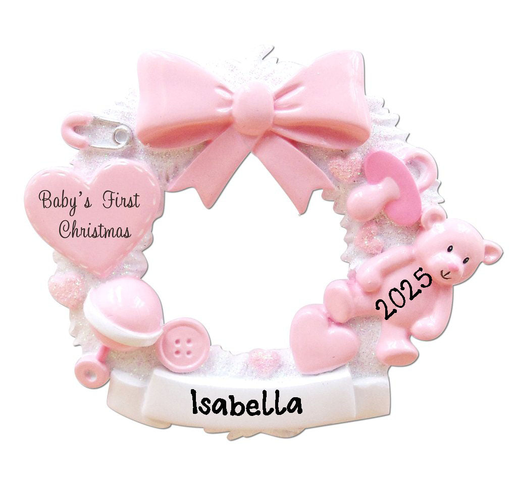 Personalized Wreath Baby`s First Christmas (Pink)