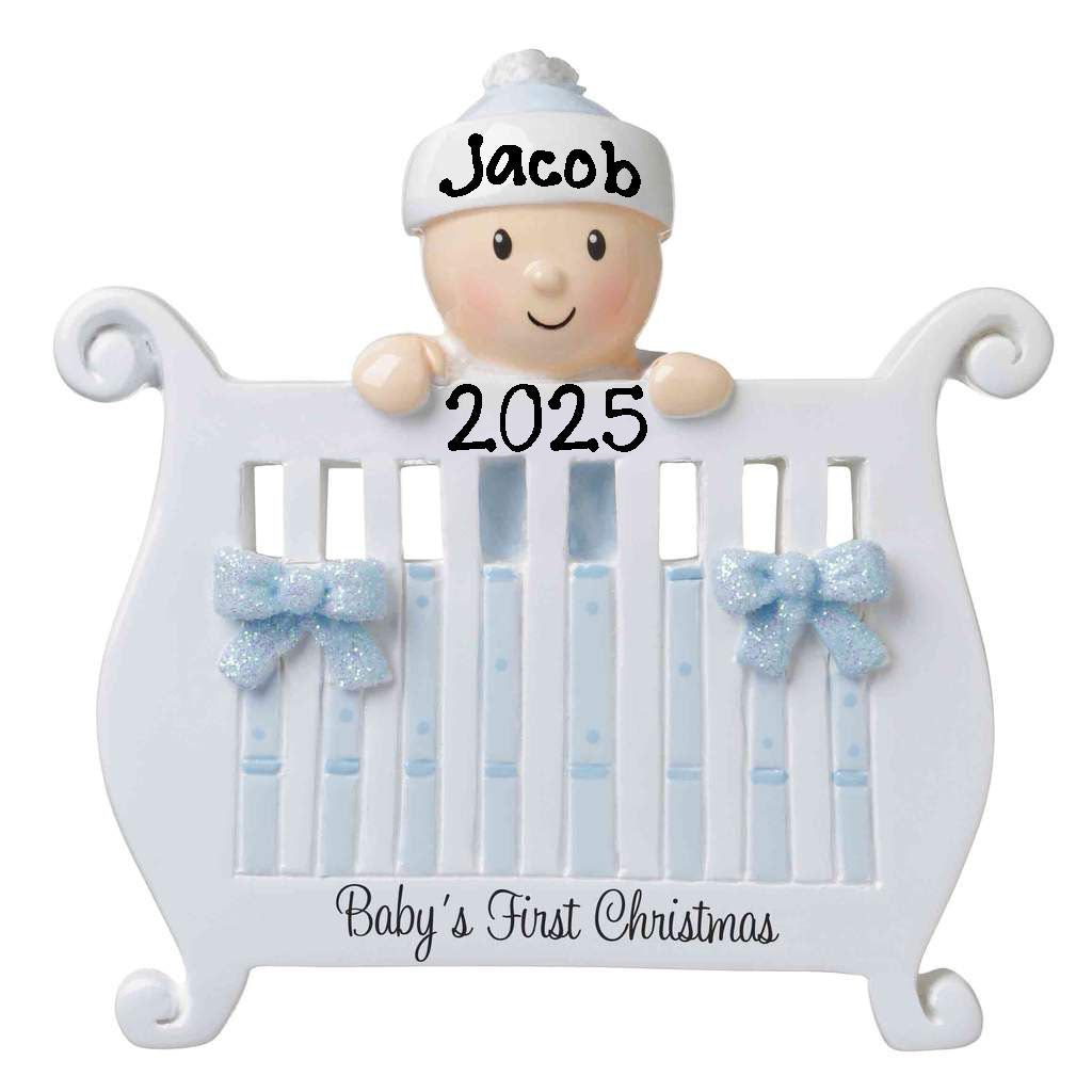 New Baby in Crib Baby`s First Christmas Personalized Ornament (Blue)