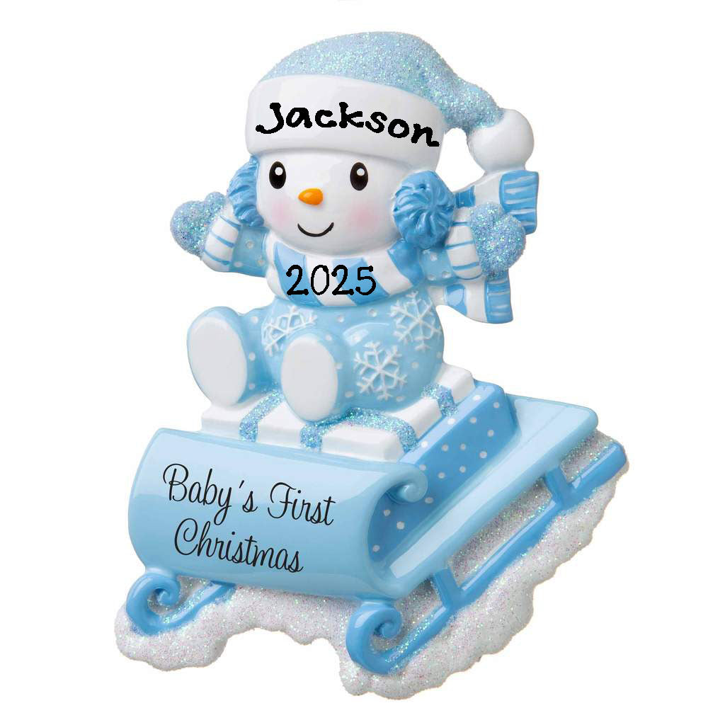 Snow Baby on Sled Personalized Ornament (Blue)