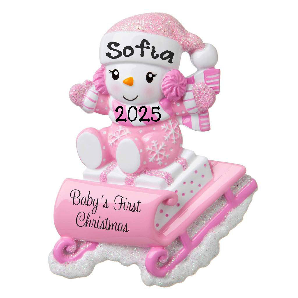 Snow Baby on Sled Personalized Ornament (Pink)