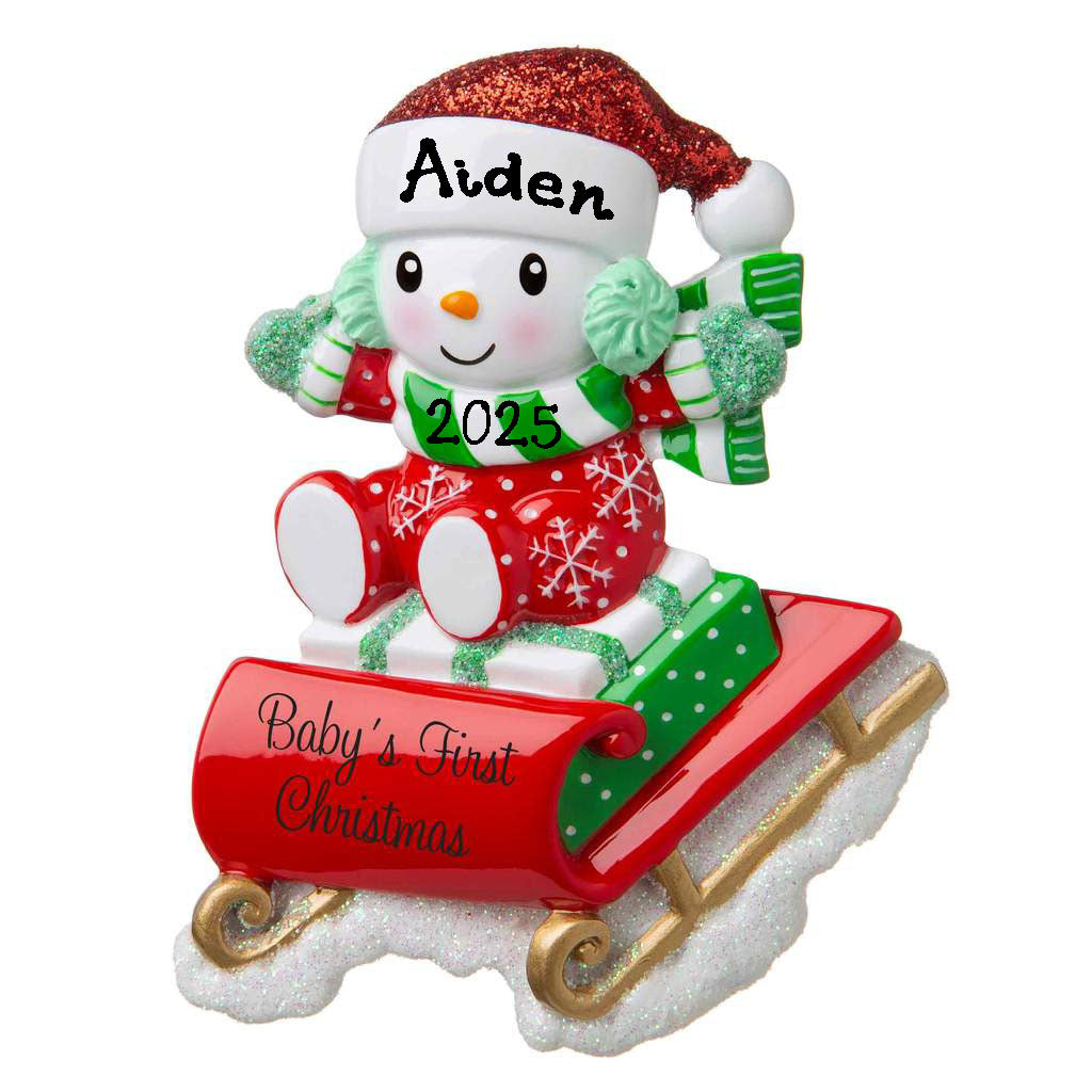 Snow Baby on Sled Personalized Ornament (Red)