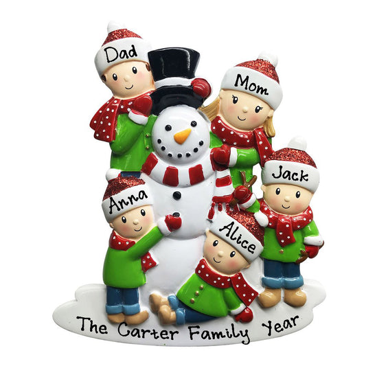 Building Snowman Family Personalized Ornament (Family of 5)