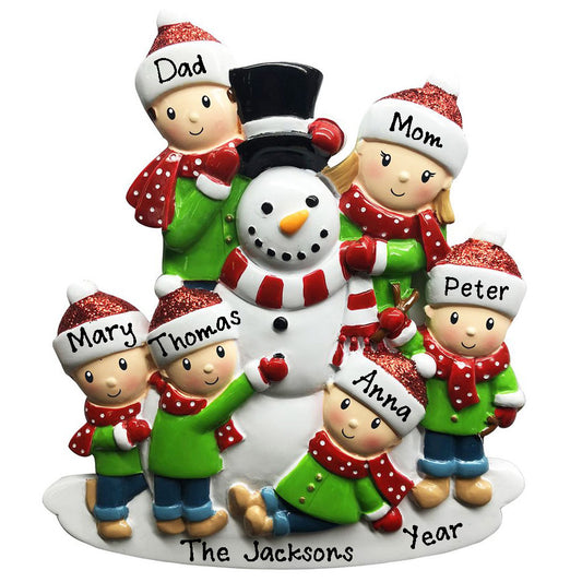 Building Snowman Family Personalized Ornament (Family of 6)