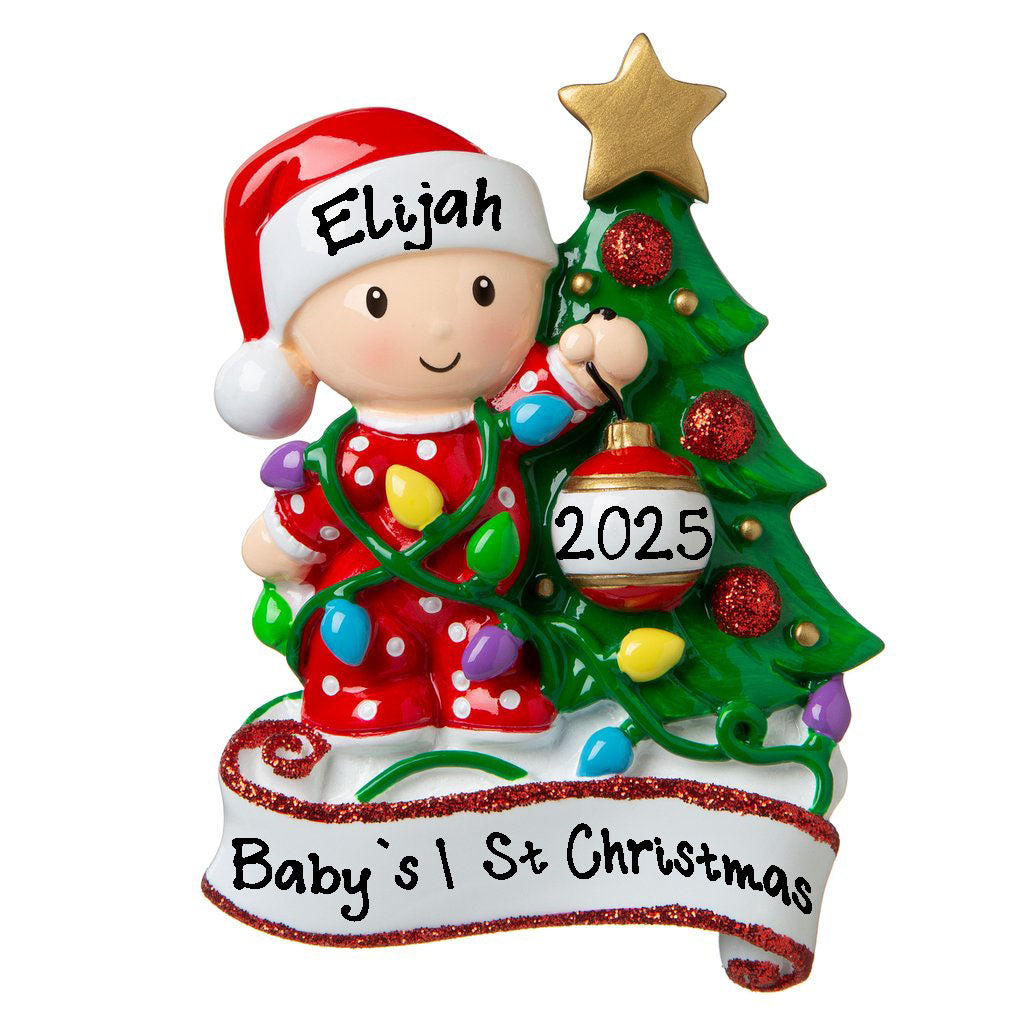 Baby Decorating Christmas Lights Personalized Ornament (Red)
