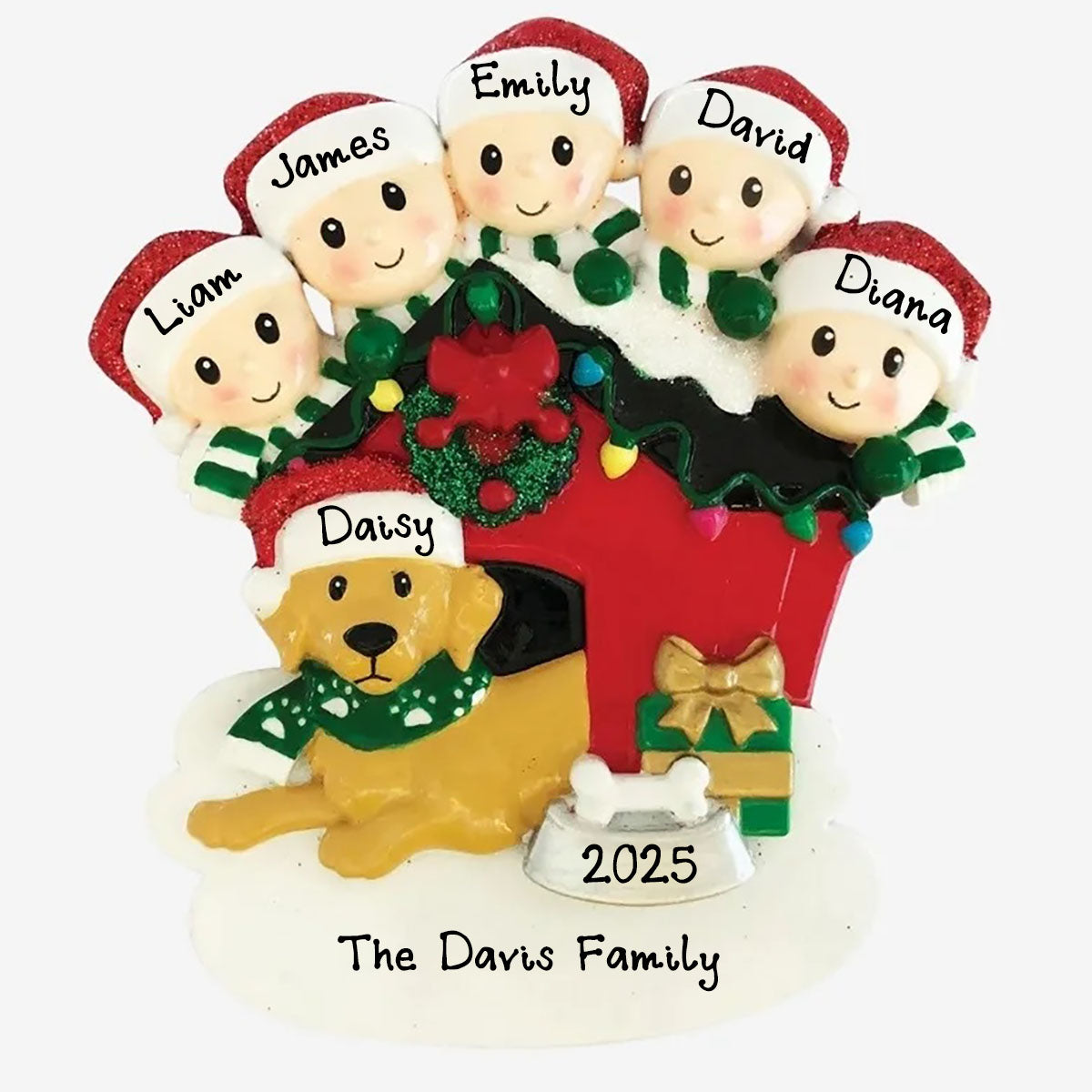 Family with Dog Personalized Ornament (Family of 5)