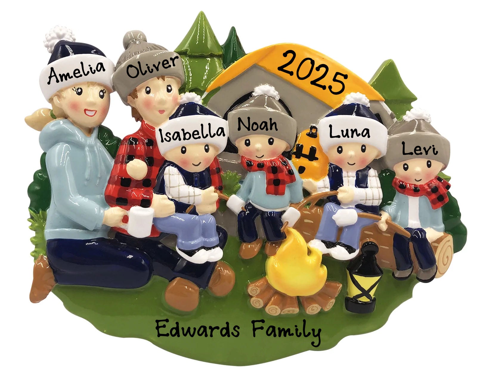 Personalized Camp Fire Family of 6 Christmas Ornament