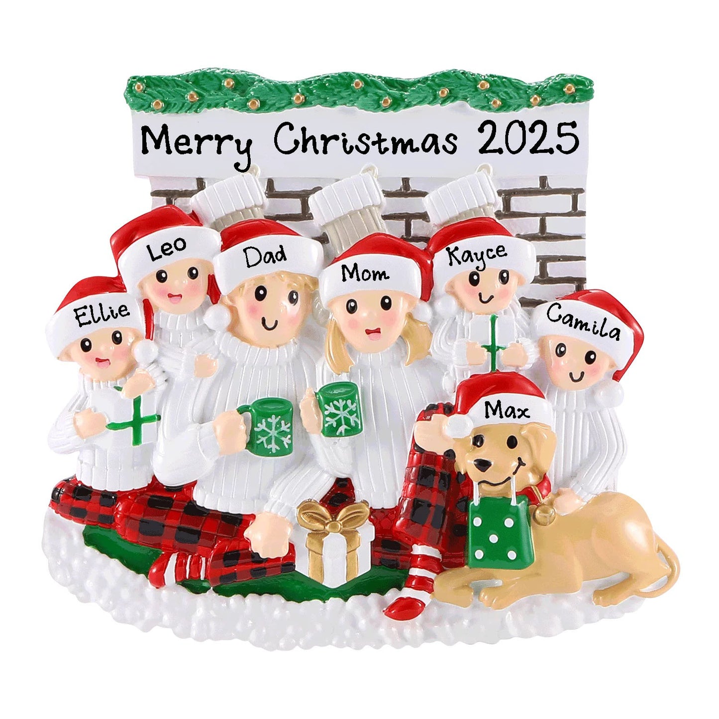 Family Sitting in Front of Fireplace Personalized Christmas Ornament (Family of 6)