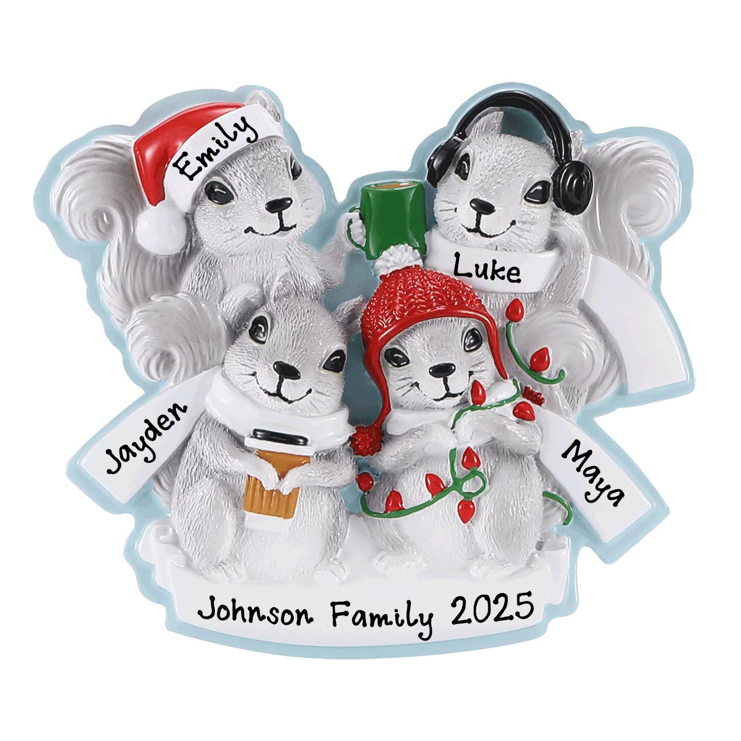 Grey Squirrel Family Personalized Christmas Ornament (Family of 4)