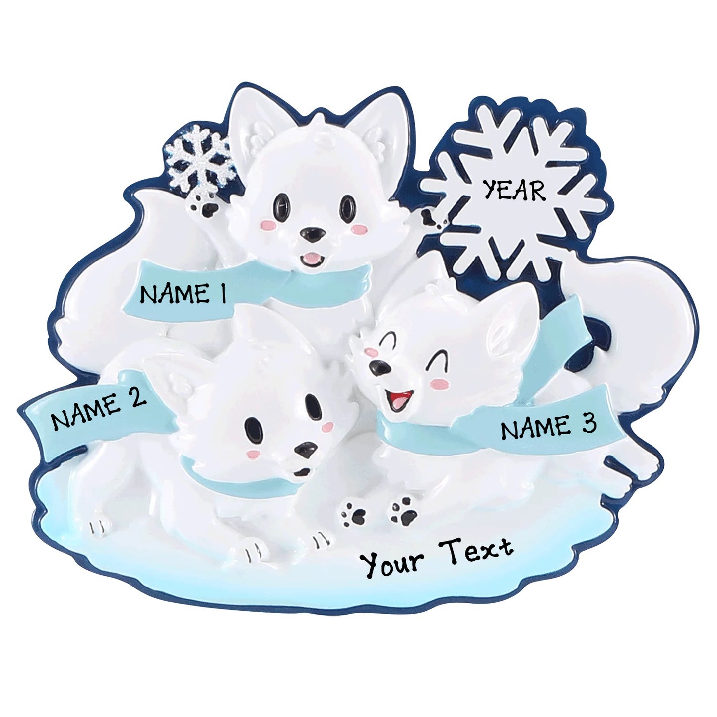 New Arctic Fox Family of 3 Personalized Ornaments