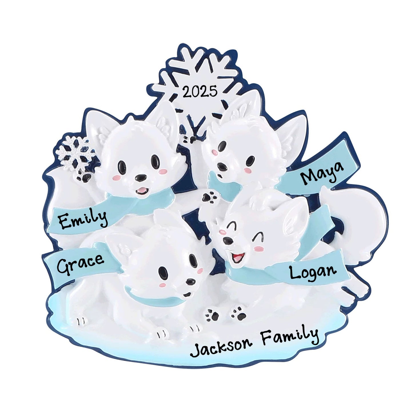 New Arctic Fox Family of 4 Personalized Ornaments