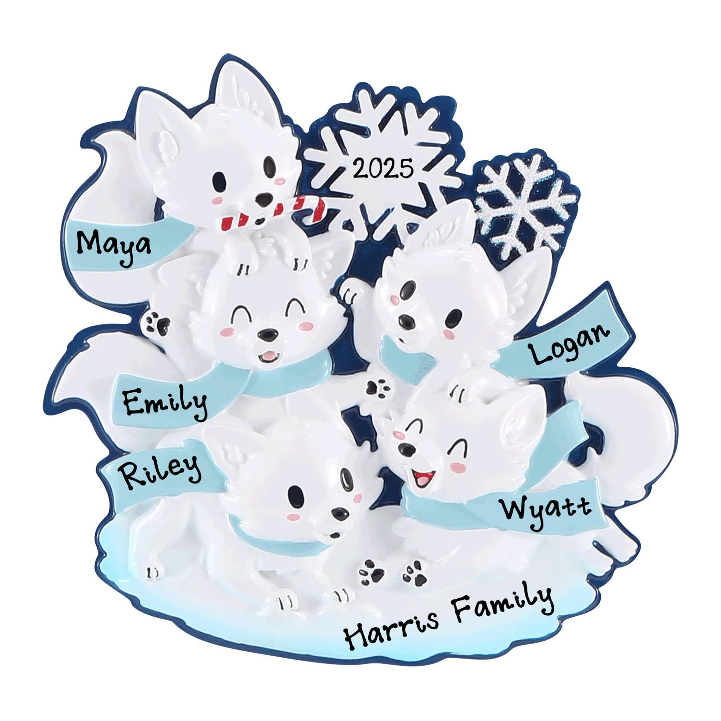 New Arctic Fox Family of 5 Personalized Ornaments