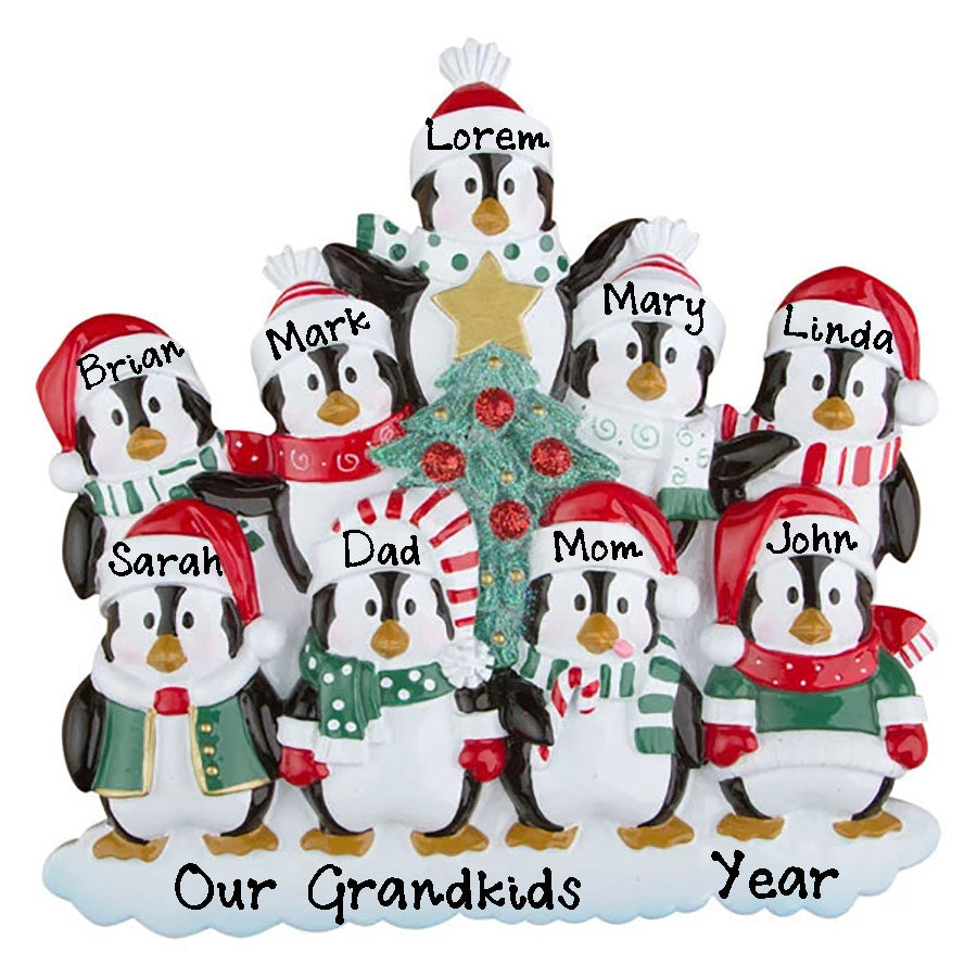 Winter Penguin Family Personalized Ornament (Family of 9)