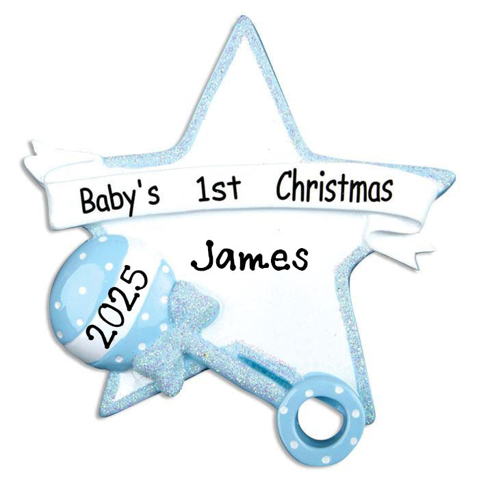 Personalized Baby Boy Rattle Star Ornament (Blue)