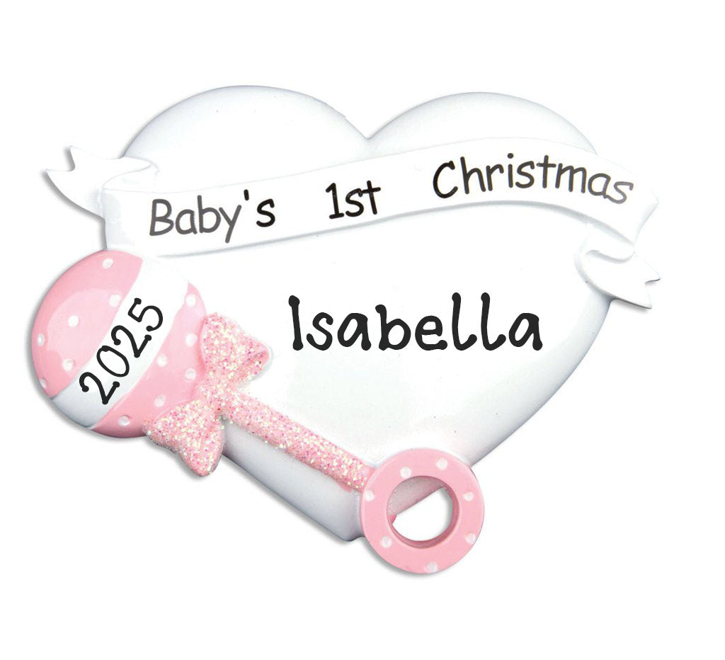 Baby Girl Rattle Star Personalized Ornament (Pink)