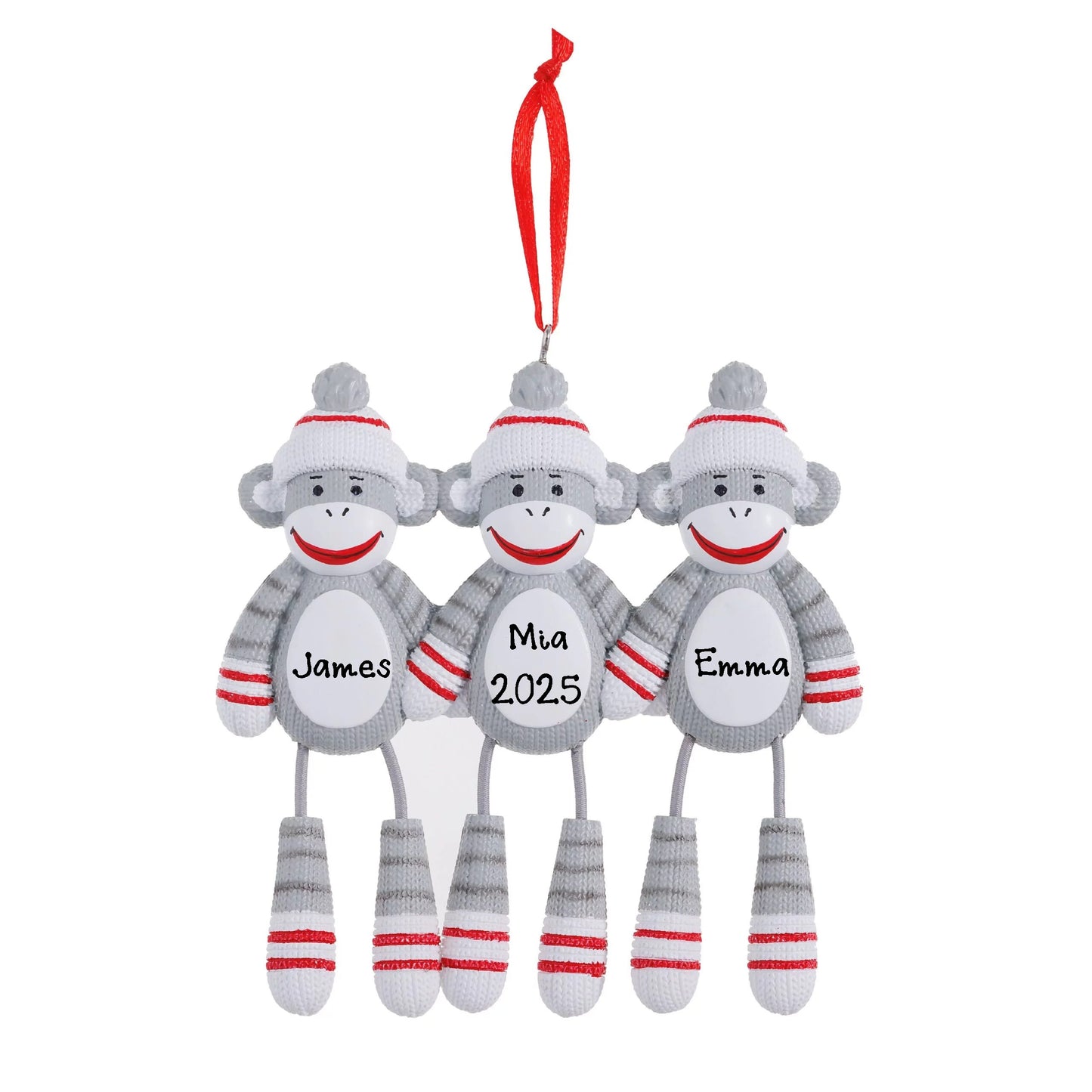 Personalized Sock Monkey Family Ornament - Present Gift (Family of 3)