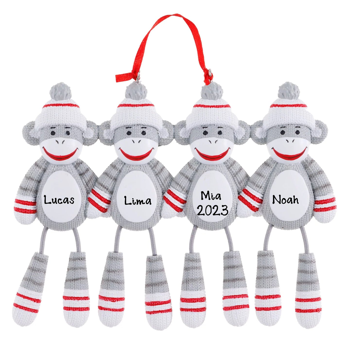 Personalized Sock Monkey Family Ornament - Present Gift (Family of 4)