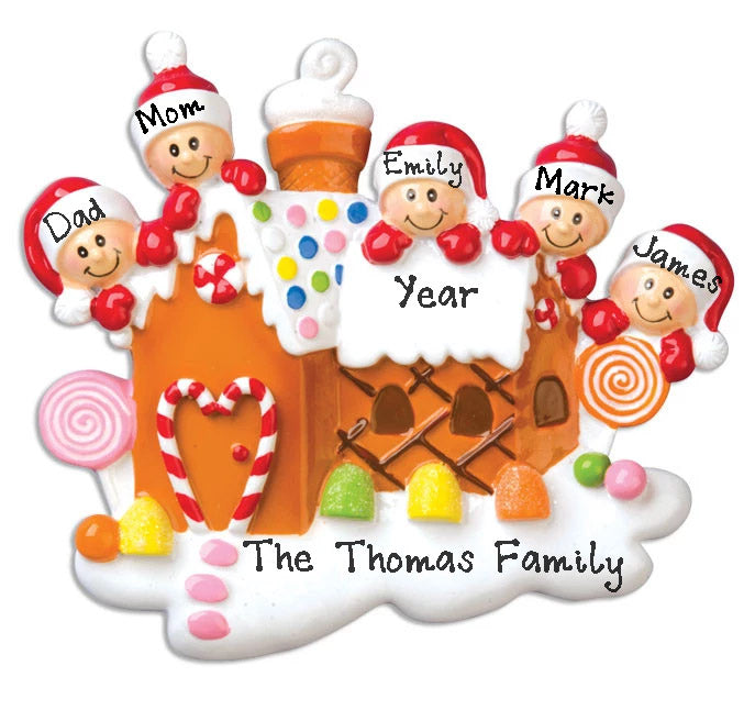 Gingerbread House Family Personalized Ornament (Family of 5)
