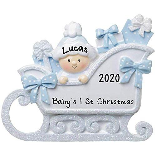 Baby in Sleigh Personalized Ornament (Blue)