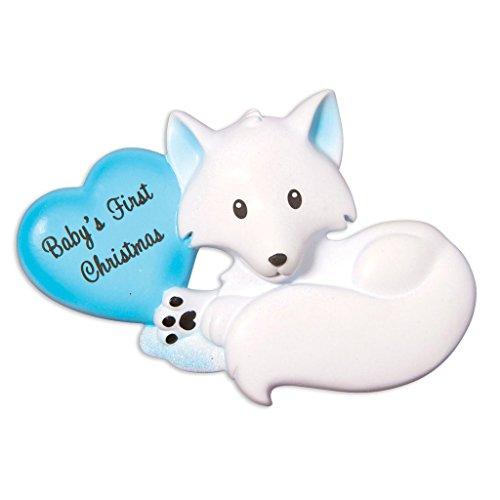 Baby`s First Christmas Fox Zoo Personalized Ornament (Blue)