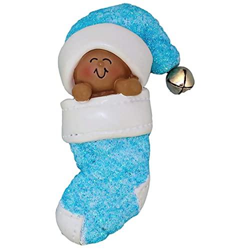 Baby's First Christmas Personalized Ornament (Blue African American)