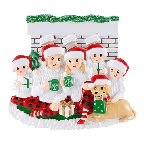Family Sitting in Front of Fireplace Personalized Christmas Ornament (Family of 5)
