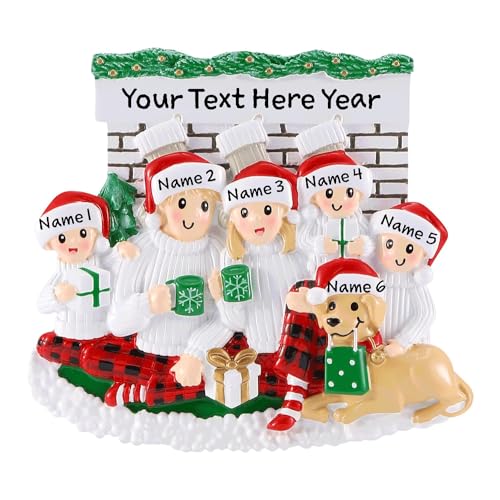 Family Sitting in Front of Fireplace Personalized Christmas Ornament (Family of 5)