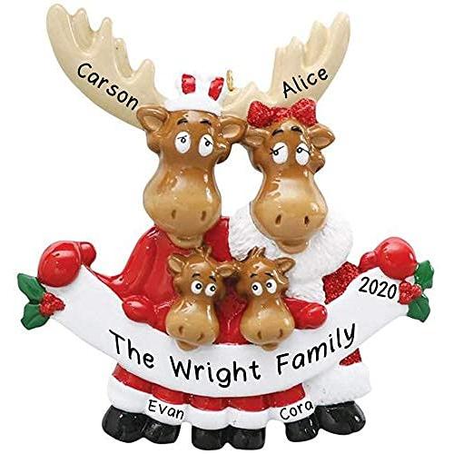 Moose Family in Santa Clothes Personalized Ornament (Family of 4)