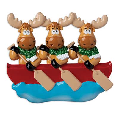 Moose Family of 3 on Canoe Personalized Christmas Tree Hanging Ornament