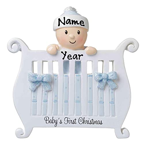 New Baby in Crib Baby`s First Christmas Personalized Ornament (Blue) Default Title