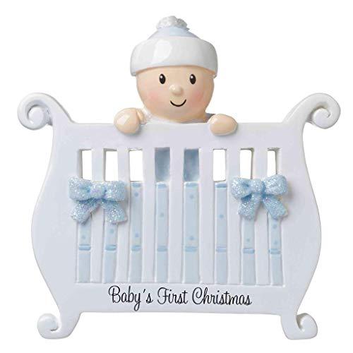 New Baby in Crib Baby`s First Christmas Personalized Ornament (Blue)