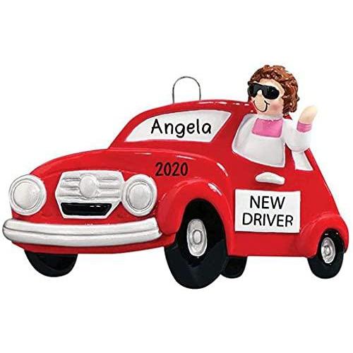 New Driver Girl Personalized Ornament (Red Car)