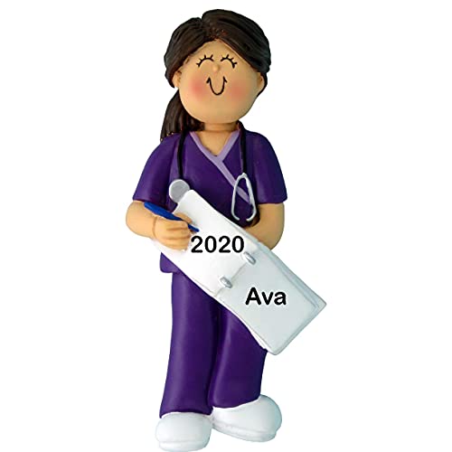 Nurse Girl Personalized Ornament (Scrubs Nurse Brunette)