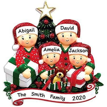 Opening Present Family Pajamas Personalized Ornament (Family of 4)