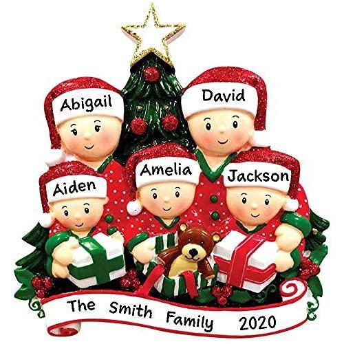 Opening Present Family Pajamas Personalized Ornament (Family of 5)
