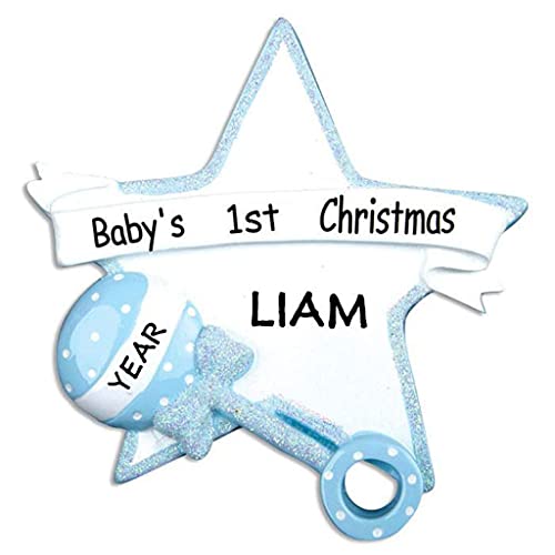 Personalized Baby Boy Rattle Star Ornament (Blue)