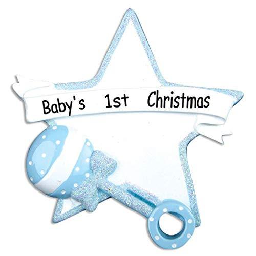Personalized Baby Boy Rattle Star Ornament (Blue)
