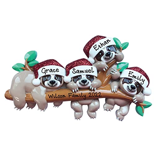 Personalized Sloth Family of 4 Christmas Ornament