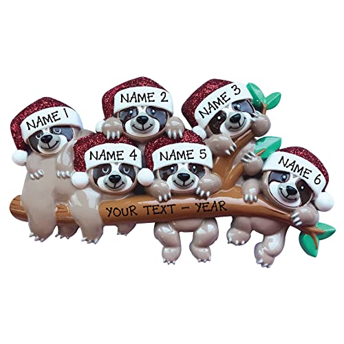 Personalized Sloth Family of 6 Christmas Ornament
