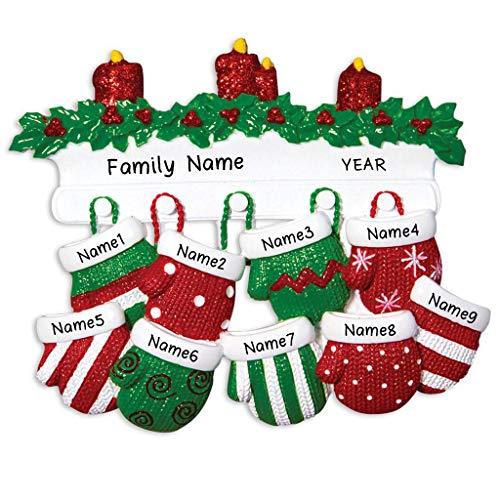 Red Green Mitten Family Personalized Ornament (Family of 9)