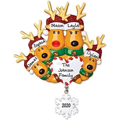 Reindeer Family with Santa Hat Personalized Ornament (Family of 5)
